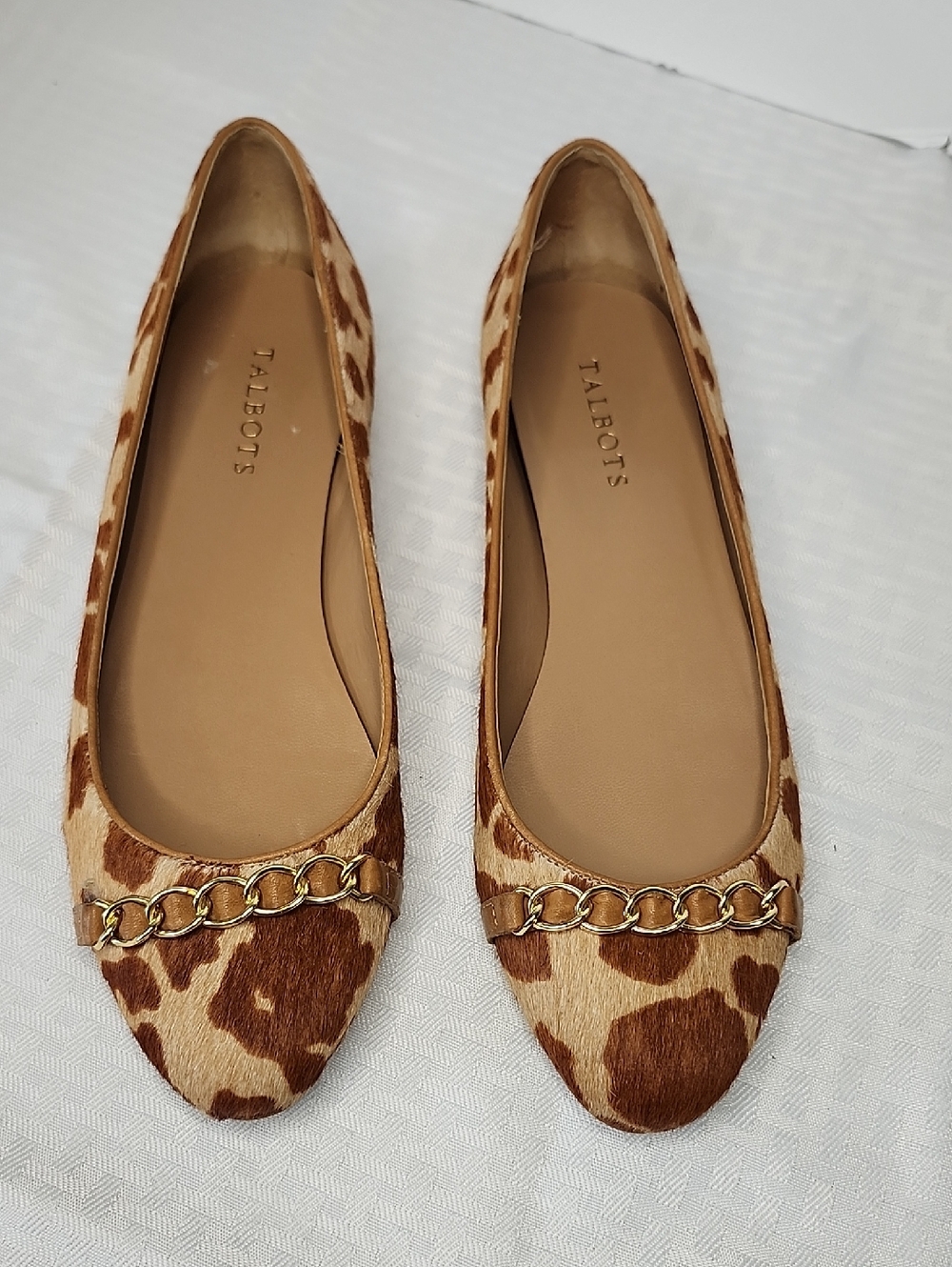 Talbots Leather Leopard Calf Hair Chain Link Accent Flats